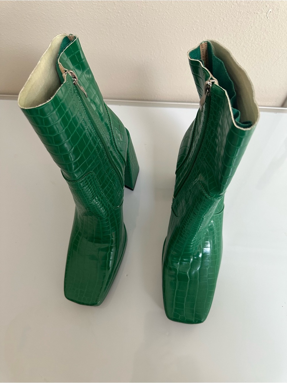 Green Croc Embossed Square Toe Platform Ankle Boots Size 8